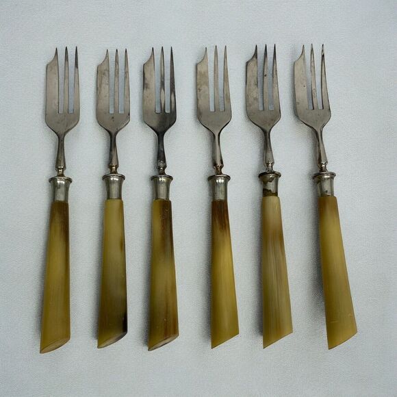 Lot Of 6 Pastry Forks Horn? Handle Flatware Dining Kitchen - Condition Issues - Picture 1 of 14